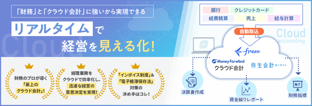 「財務」と「クラウド会計」に強いから実現できる,リアルタイムで経営を見える化！,財務のプロが導く「最上のクラウド会計」！,経理業務をクラウドで効率化し、迅速な経営の意思決定を実現！,「インボイス制度」＆「電子帳簿保存法」対策の決め手はコレ！